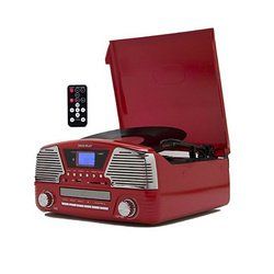TechPlay 3 Speed Turntable, Programmable MP3 CD Player, USB/SD, Radio & Remote Control in Red